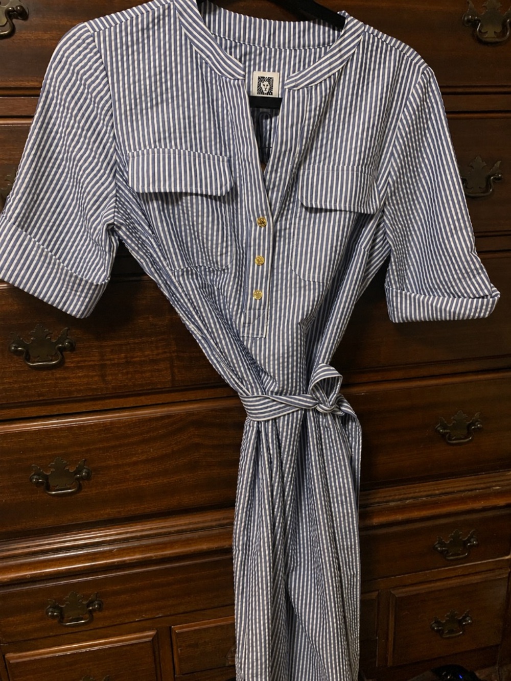 Anne Klein Navy and White Striped Tie-Waist Midi Dress